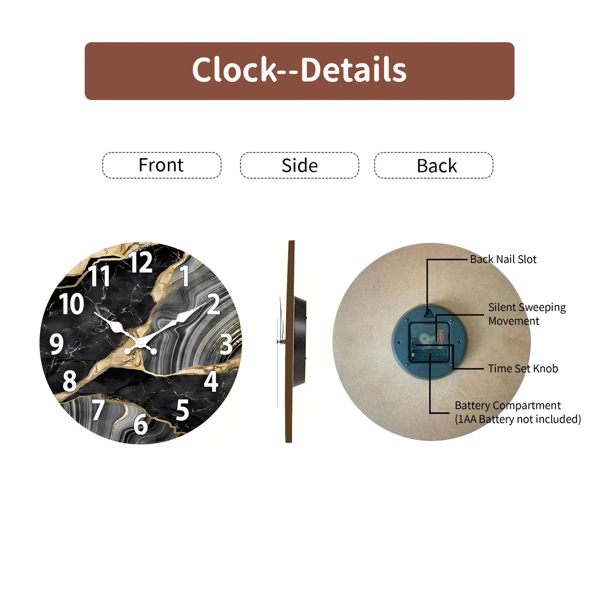 MarbellaTime Marble Pattern Wooden Wall Clock
