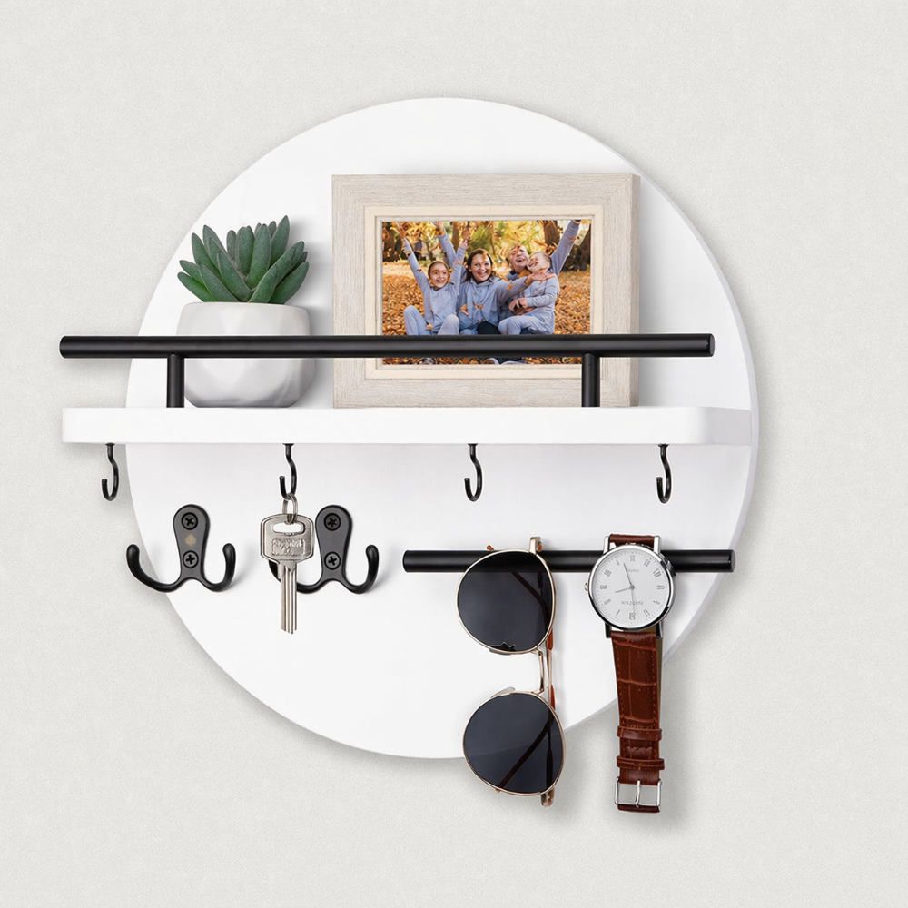 Round Wooden Wall Key Holder with Shelf
