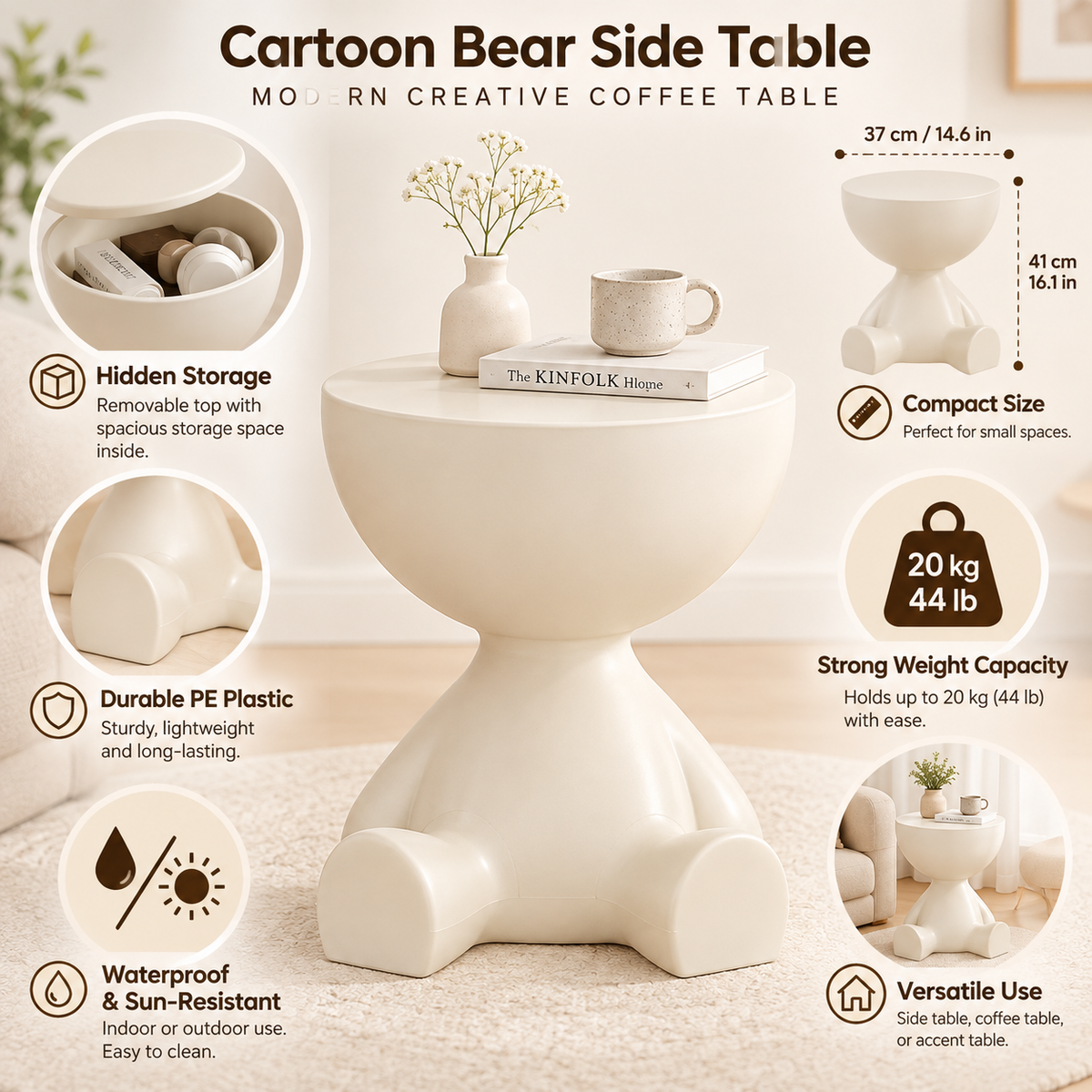 Cartoon Bear Side Table with Hidden Storage