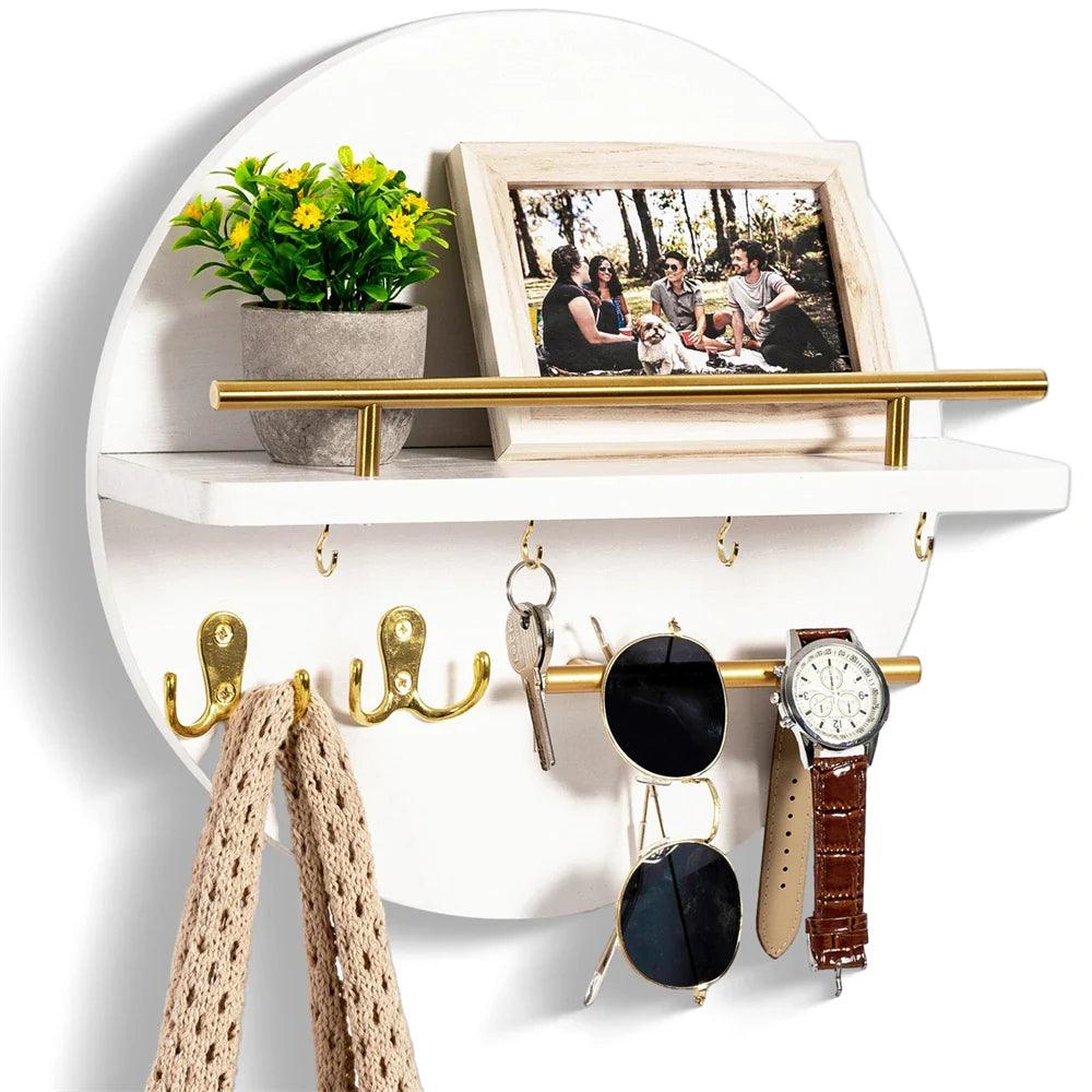 Round Wooden Wall Key Holder with Shelf
