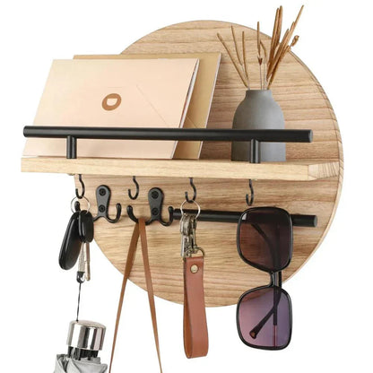 Round Wooden Wall Key Holder with Shelf