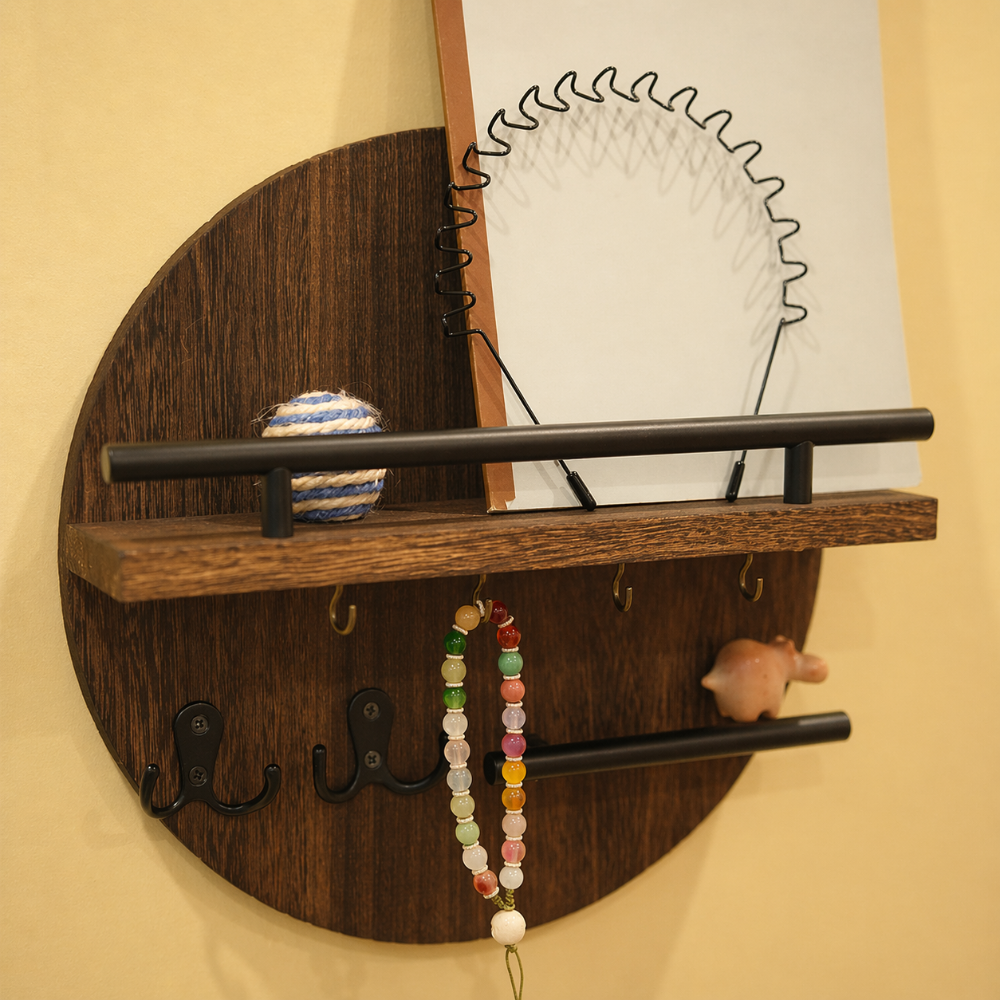 Round Wooden Wall Key Holder with Shelf