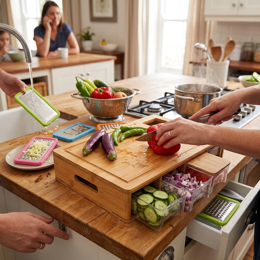 Bamboo Cutting Board with Storage Trays & Graters