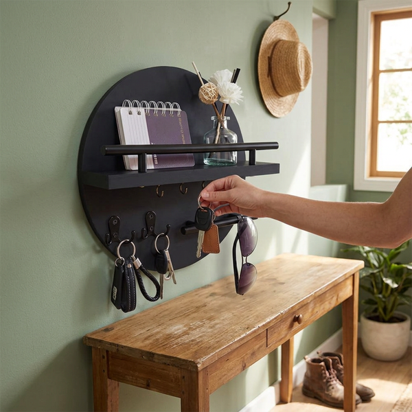 Round Wooden Wall Key Holder with Shelf
