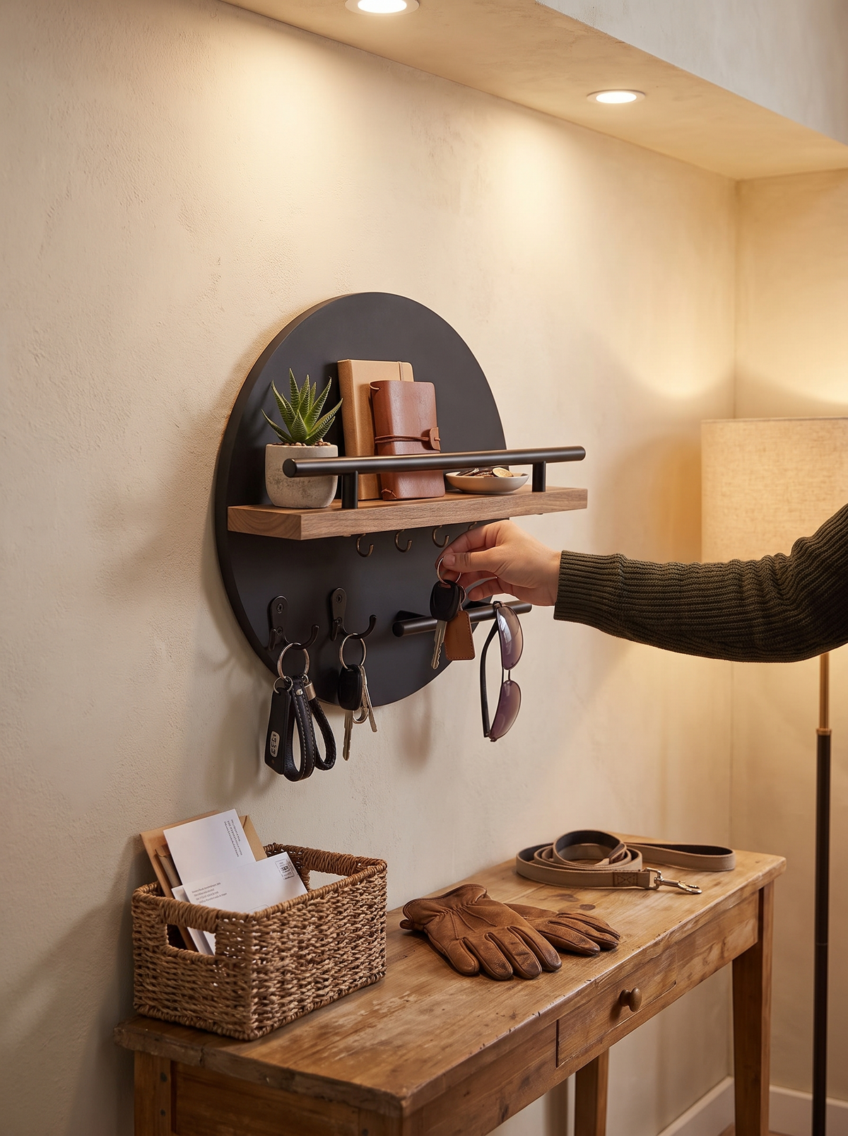 Round Wooden Wall Key Holder with Shelf image 2