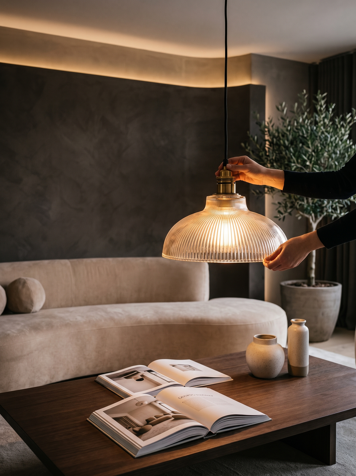LumiVibe Ribbed Glass Brass Pendant Light image 3